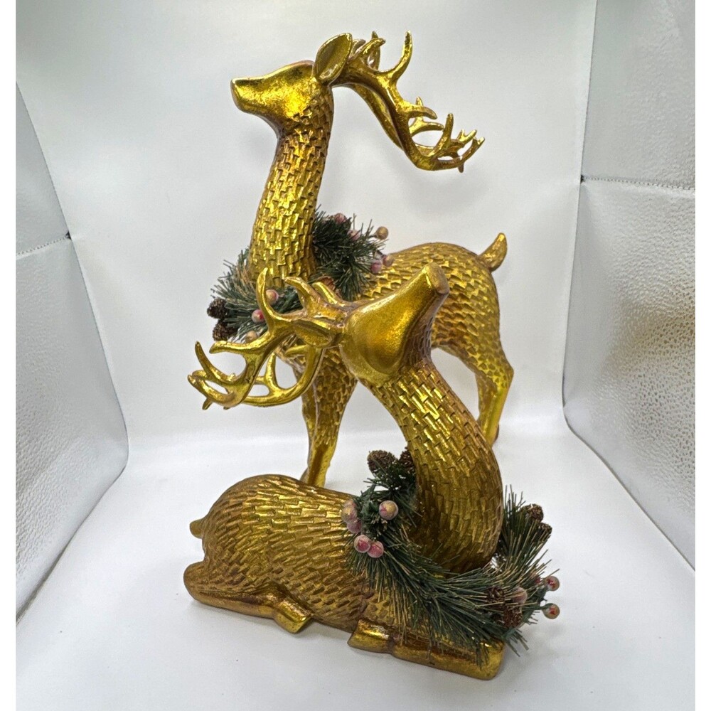 2 Pc  Gold Tone Reindeer Figurines  Resin Buck Doe Pair Christmas  Decor 11”